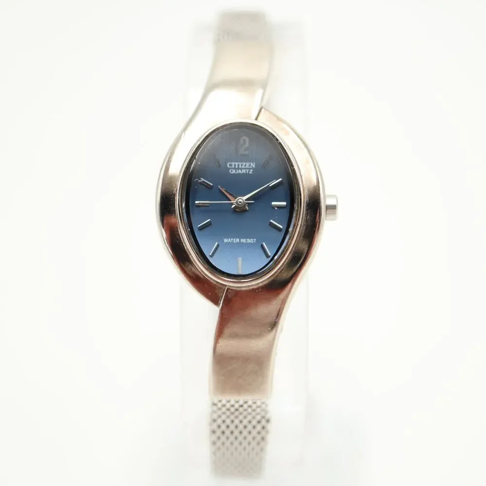 Vintage Citizen Silver Blue Oval Swirl 19mm Women Watch Steel Band w New Battery